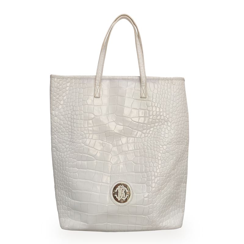 Roberto Cavalli, Shopper bag in pelle bianca a stampa cocco