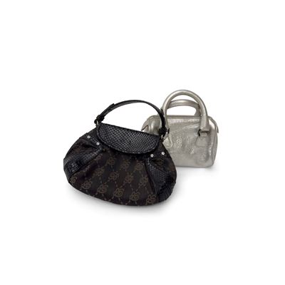 Blumarine, due minibags (tessuto nero logato e pelle argentata)
