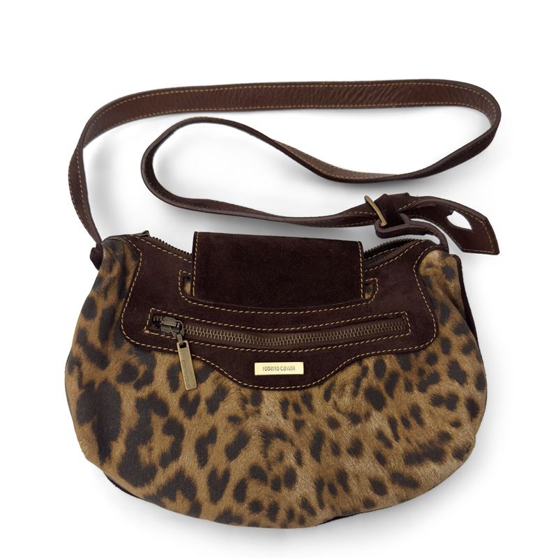 Roberto Cavalli, Borsetta a tracolla in tessuto a stampa animalier con camoscio marrone