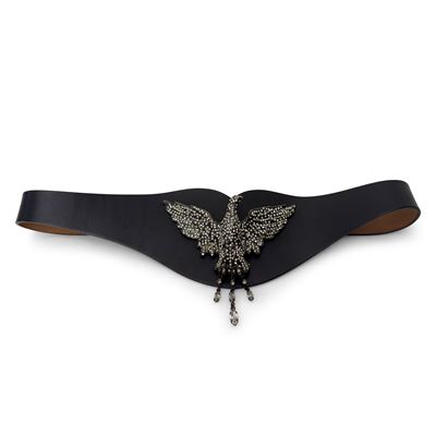 Ermanno Scervino, cintura in pelle nera con decorazione a motivo di aquila in metallo e strass