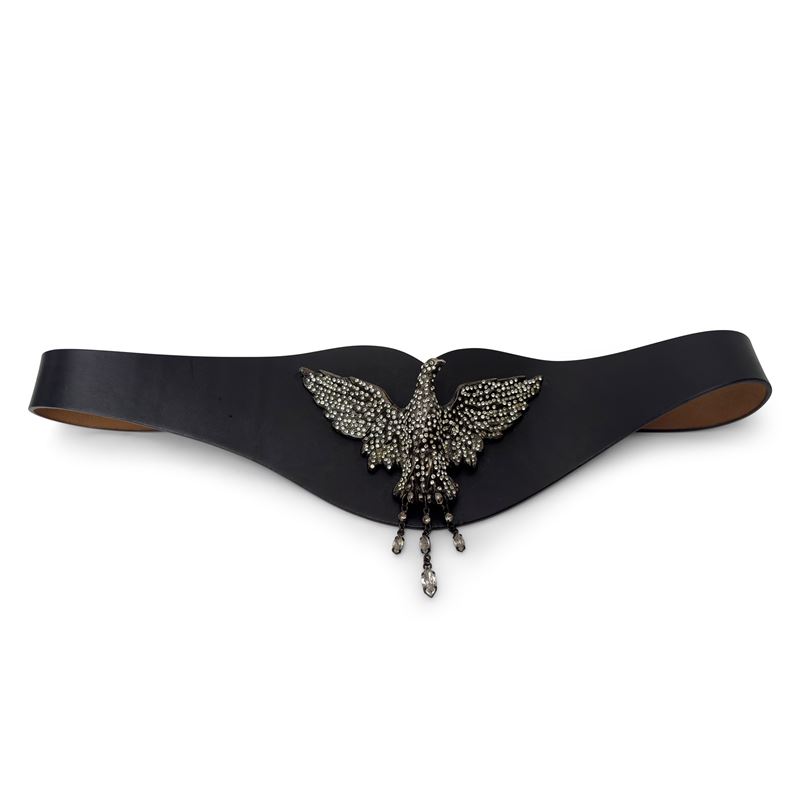 Ermanno Scervino, cintura in pelle nera con decorazione a motivo di aquila in metallo e strass