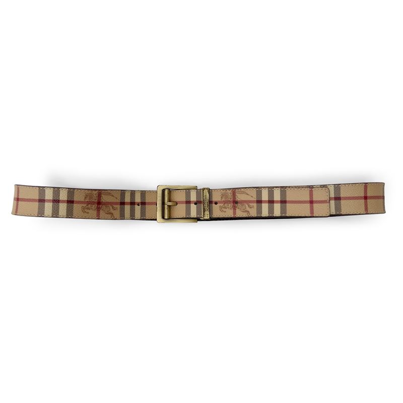 Burberry, cintura in pelle motivo Check beige con logo Equestrian Knight (tg. 105/42)