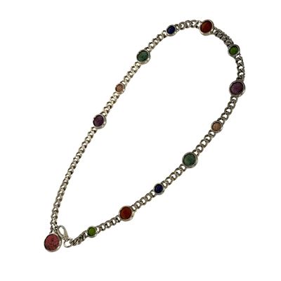 Bulgari, cintura/collana in metallo dorato con maglie a catena e medaglioni in materiale vitreo