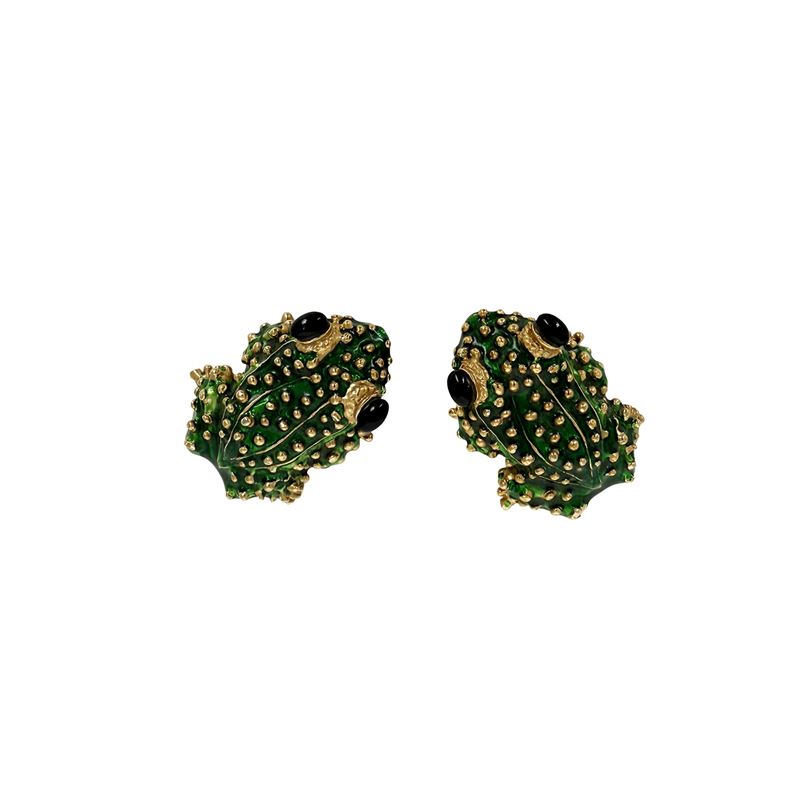 Rana, due spille in metallo dorato con smalto, l. 4 cm