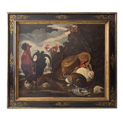 Angelo Maria Crivelli (attrib.), Paesaggio con galli, conigli e cappello di paglia