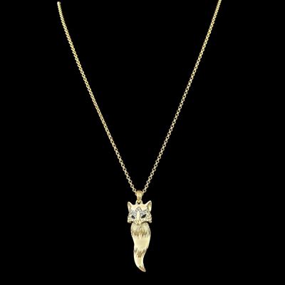 Roberto Cavalli, Collana in metallo dorato con pendente a corno sormontato da testa di volpe in s...