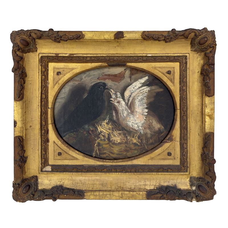 Pittore del XIX secolo, Tre colombi, olio su tela