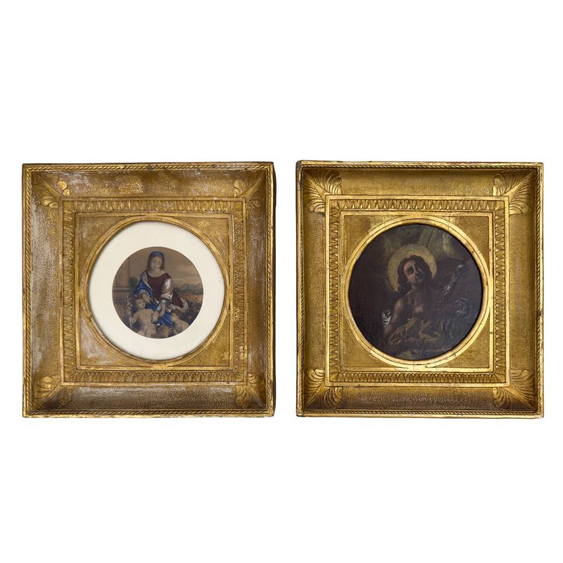 XIX secolo, Coppia di cornici a guantiera quadrata in legno dorato con fascia centrale bulinata