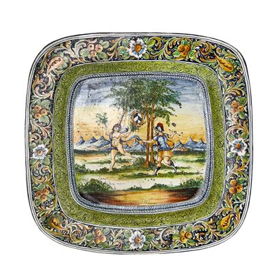 Grande piatto in maiolica policroma quadrangolare, Apollo e Dafne