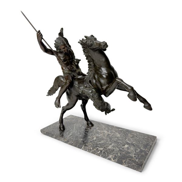 Cacciatore indiano a cavallo in lotta con un felino, scultura in bronzo, inizi del XX secolo