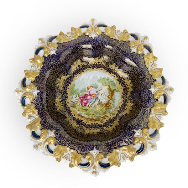 Alzata in porcellana bianca, dorata e blu Royal, Sevrès