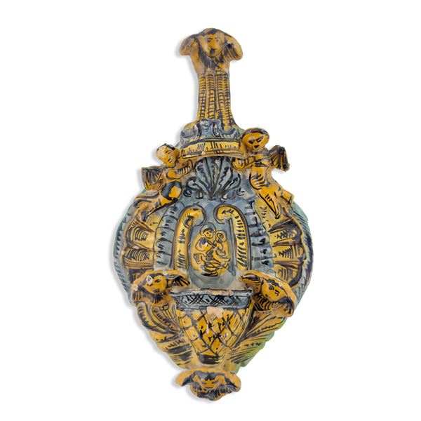 Acquasantiera in maiolica policroma, Manifattura ischitana, XIX secolo
