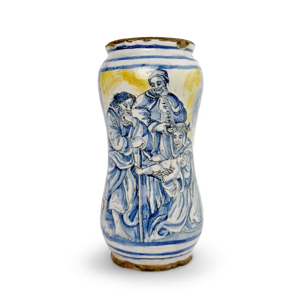 Albarello in maiolica bianca, blu, Napoli, XVIII secolo