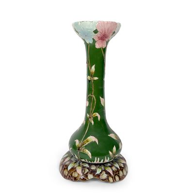 Base a colonna in ceramica policroma e verde, periodo Liberty