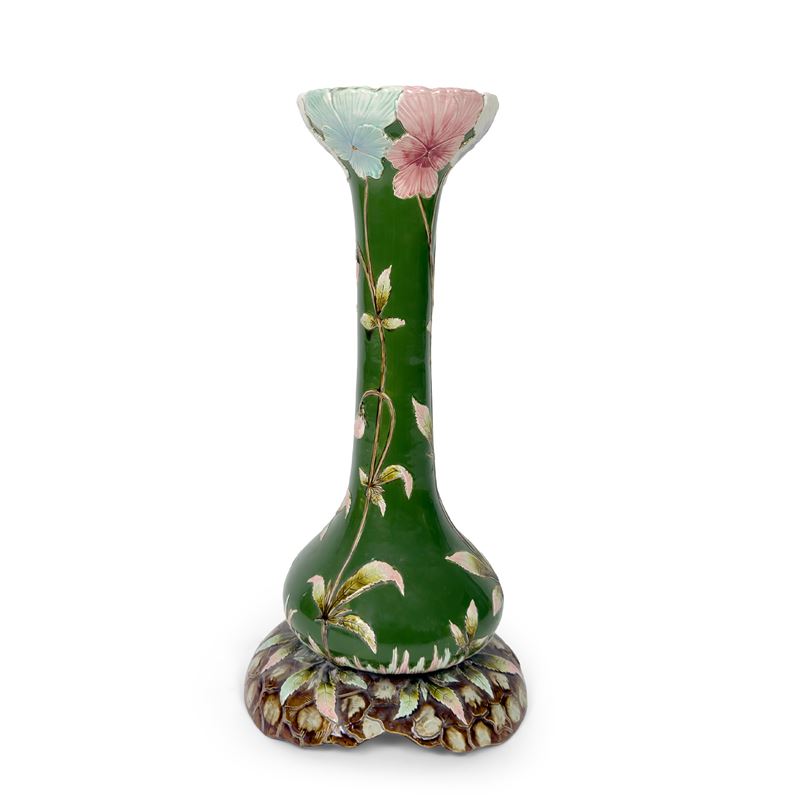 Base a colonna in ceramica policroma e verde, periodo Liberty