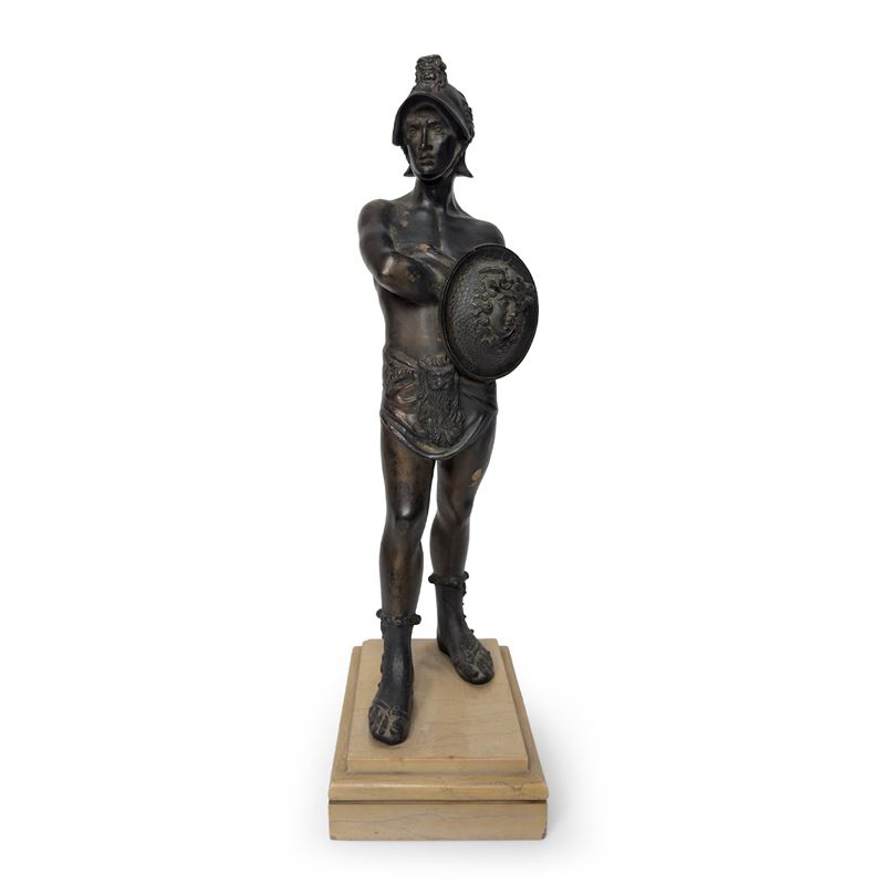 Scultura di bronzo patinato, Gladiatore con elmo e scudo