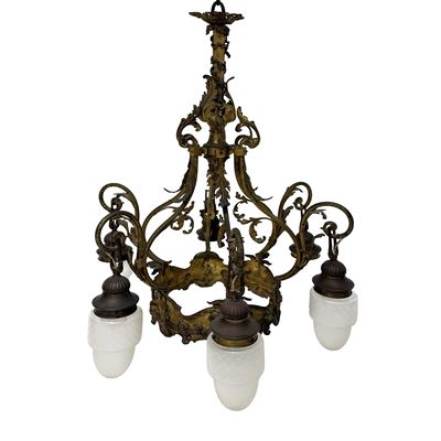 Lampadario Liberty a sei luci, bronzo e metallo dorato con diffusori in vetro opaco