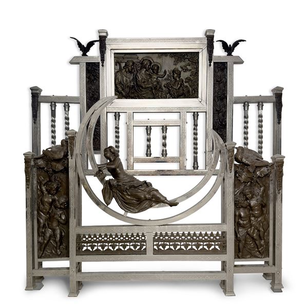 Letto matrimoniale in ottone argentato e metallo patinato, inizi del XX secolo