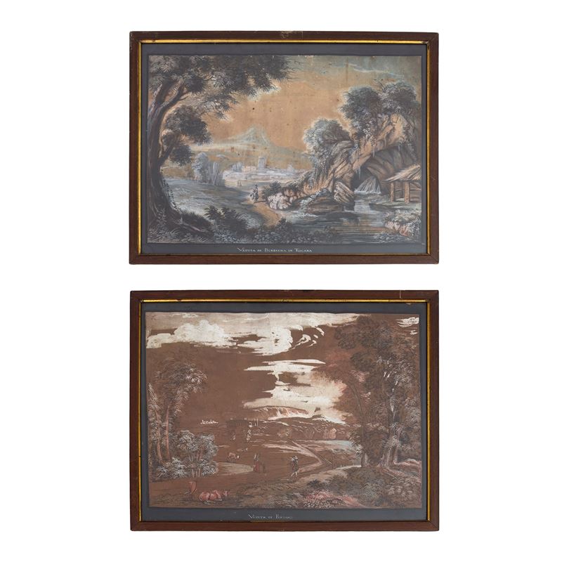 Pittore del XVIII secolo, Coppia di vedute (Bibbiena e Persano) in gouache