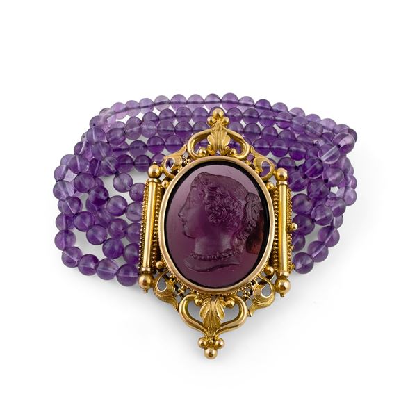 Bracciale a cinque fili di ametiste sferiche, probabilmente Francia, XIX secolo