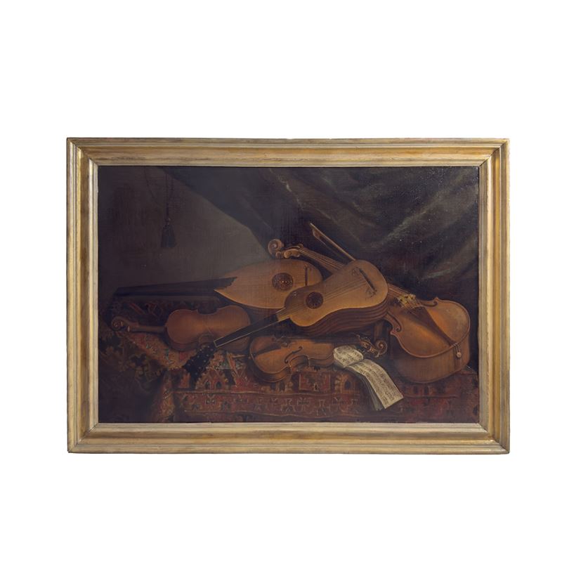 Bonaventura Bettera (attr.), Strumenti musicali sopra un tavolo con tappeto, olio su tela