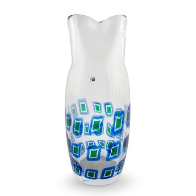 Carlo Moretti, Vaso in vetro incolore decorato a murrine verdi e blu