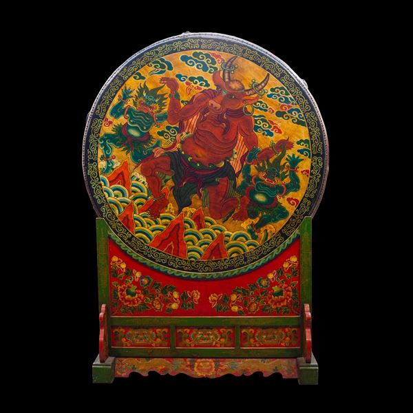 Tamburo cerimoniale in legno laccato, Arte tibetana