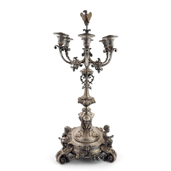 Imponente candelabro da centro in argento, Mosca, 1891