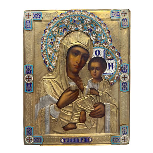 Madre di Dio di Tichvin, icona con riza in argento, Mosca, 1908-1917