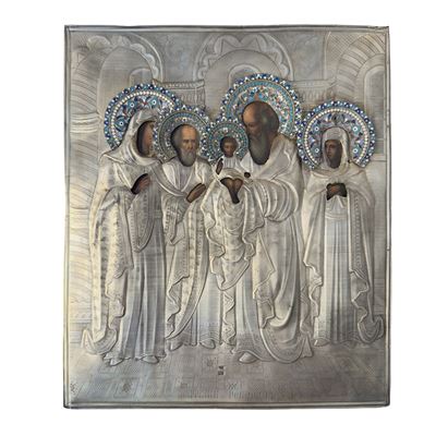 Russia, fine del XIX secolo, Presentazione di Gesù al tempio, icona con riza in argento e smalti