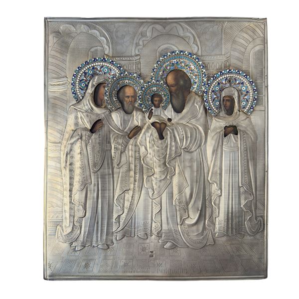 Presentazione di Gesù al tempio, icona con riza in argento e smalti, Russia, fine del XIX secolo