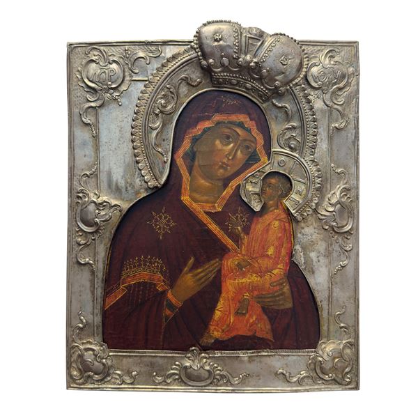 Madre di Dio di Tichvin, icona con basma in argento, Russia, 1771