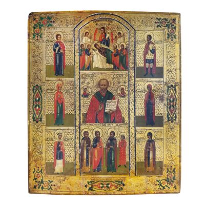Icona russa, San Nicola e Santi (fine XIX secolo), tempera all’uovo su tavola
