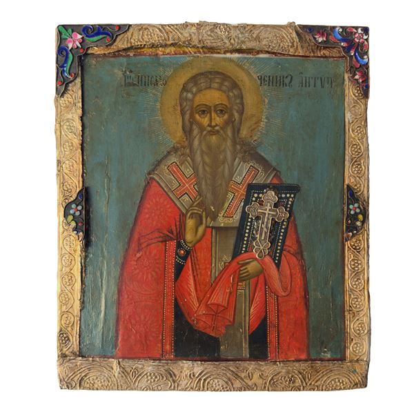 Sant'Antipa, icona con basma in metallo argentato e smalti, Russia centrale, XVIII secolo