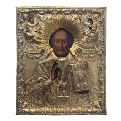 Tikonov, San Nicola di Myra, icona con riza in argento (Mosca), tempera all’uovo su tavola