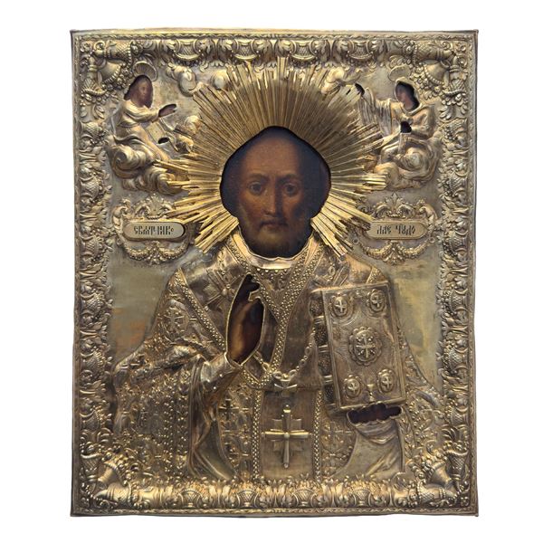 San Nicola di Myra, icona con riza in argento, Mosca, A. Tikonov, 1834