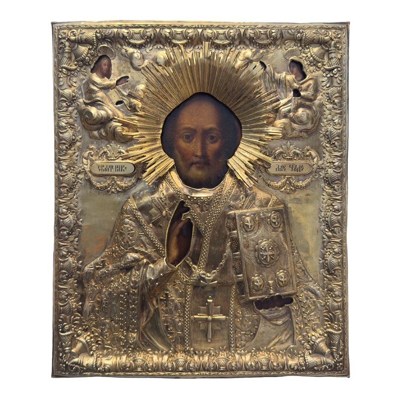 Tikonov, San Nicola di Myra, icona con riza in argento (Mosca), tempera all’uovo su tavola