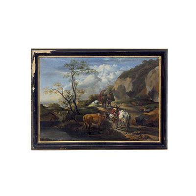 Pittore fiammingo del XVIII secolo, Paesaggio di campagna con figure ed armenti