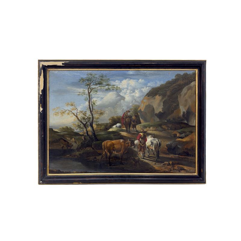 Pittore fiammingo del XVIII secolo, Paesaggio di campagna con figure ed armenti
