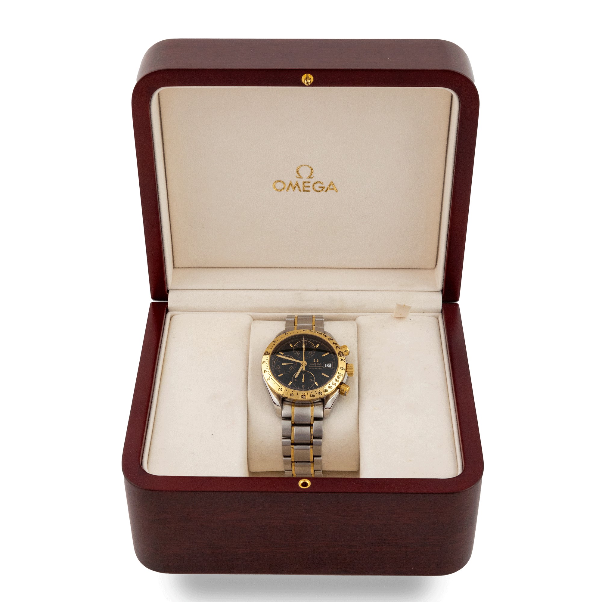 Speedmaster, orologio da polso con cassa e bracciale in acciaio e oro, quadrante nero e movimento...