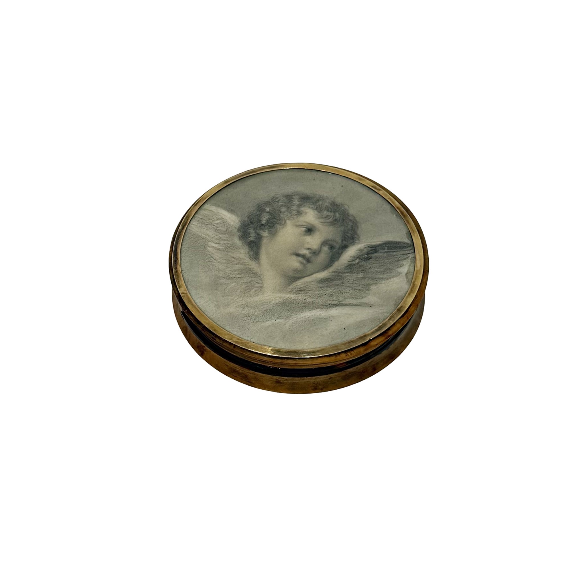 Tabacchiera circolare in radica con interno in tartaruga e coperchio con miniatura a testa di che...