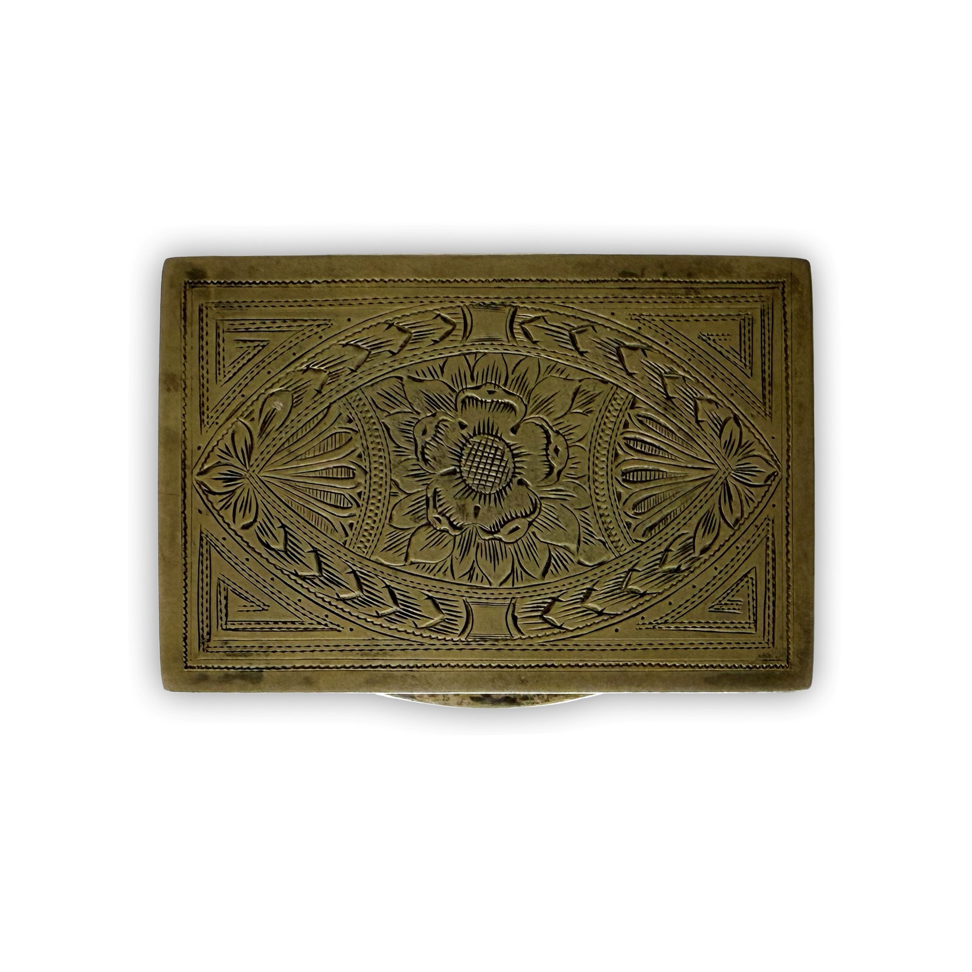 Tabacchiera rettangolare in argento con coperchio in vetro blu inciso e placchetta decorata