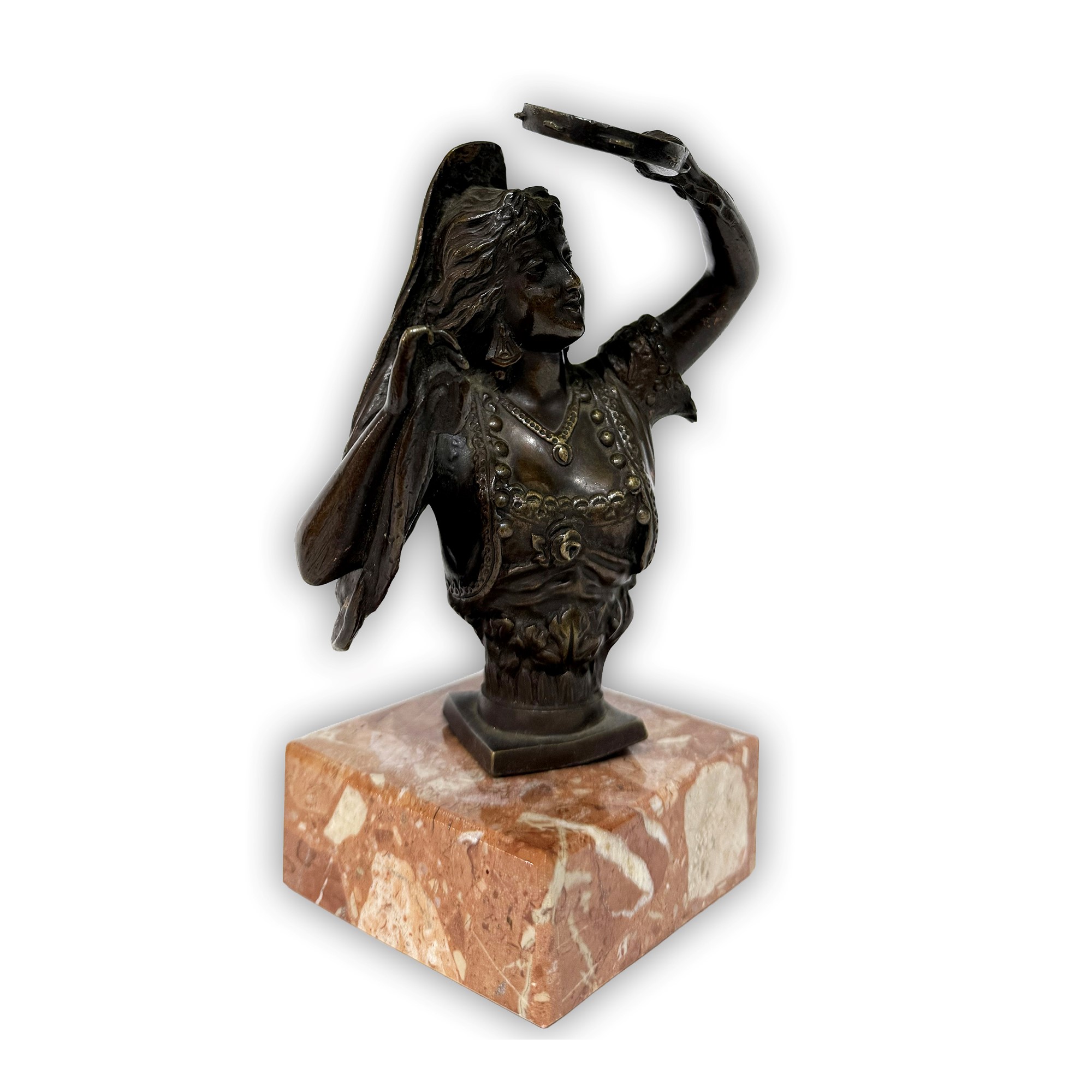 Busto di gitana che suona il cembalo, bronzo patinato su base in marmo, inizi del XX secolo