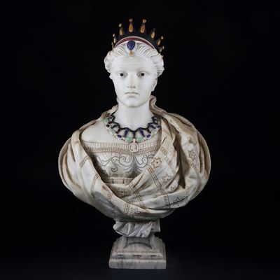 Mimmo da Stilo, Allegoria dell’Asia in marmo bianco con applicazioni in marmi policromi e pietre ...