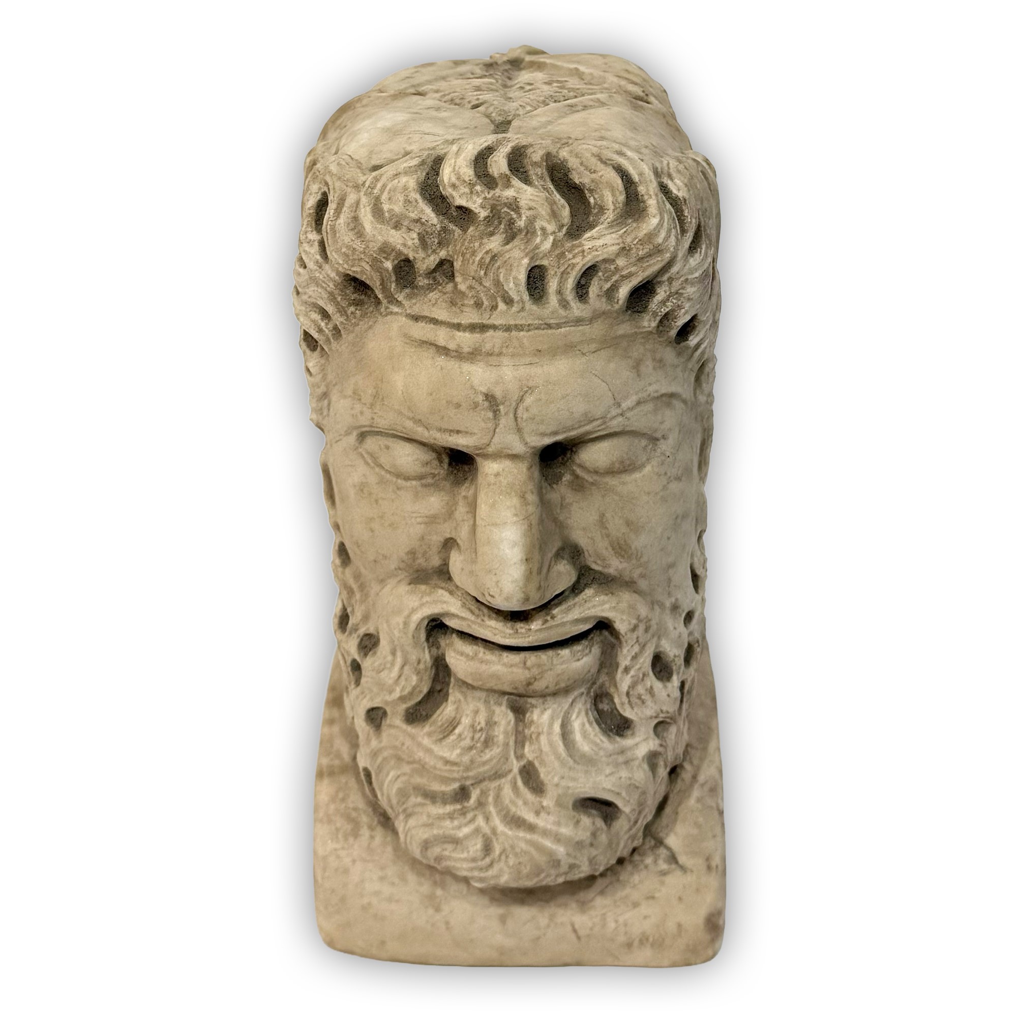 Testa virile barbuta bifronte, in marmo, scultura
