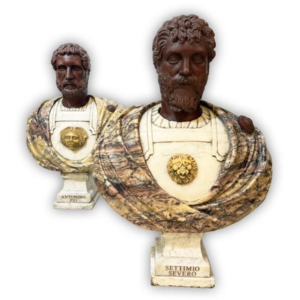 Busti di Settimio Severo e Antonino Pio, coppia di sculture in marmi policromi