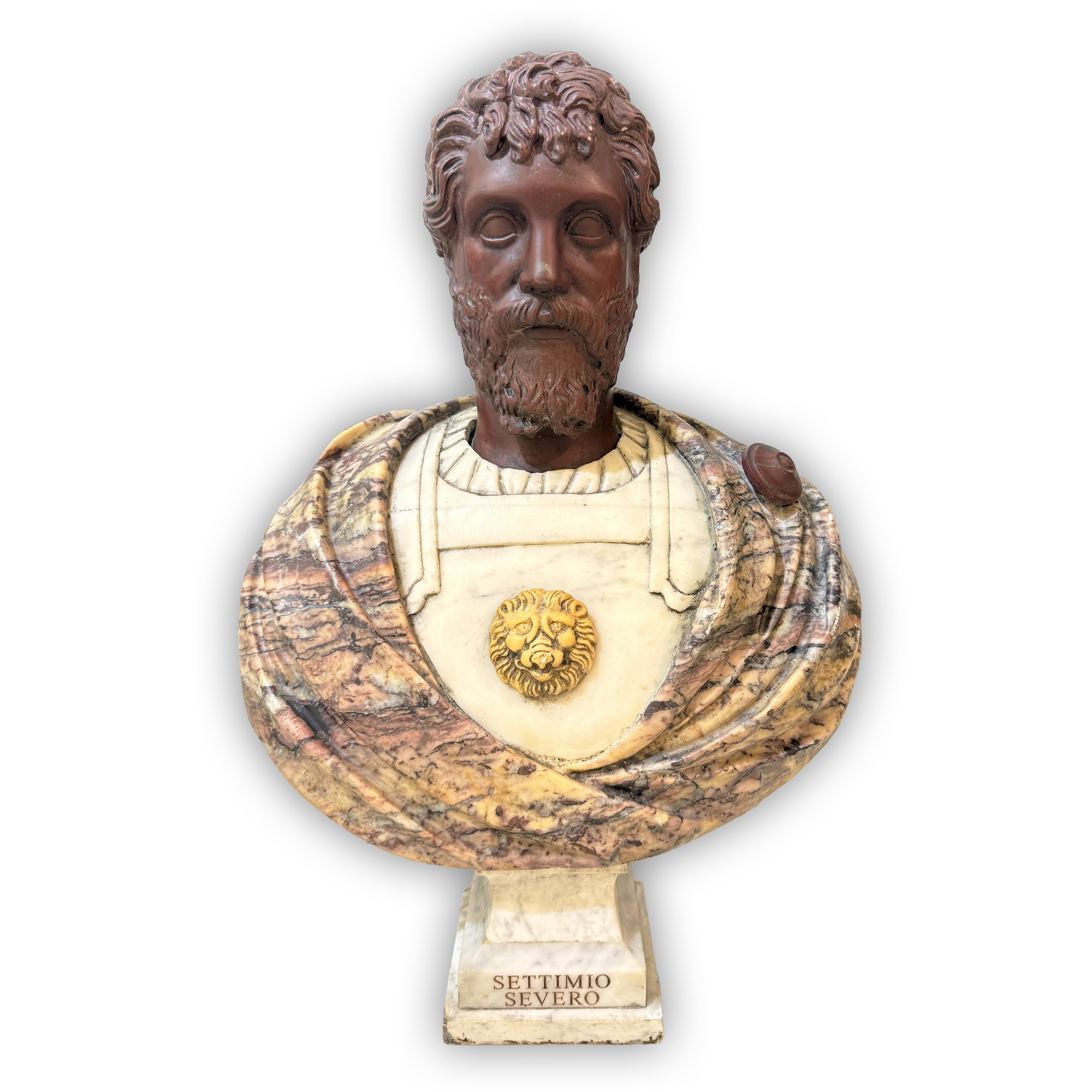 Coppia di busti imperiali romani, Settimio Severo e Antonino Pio, sculture in marmi policromi