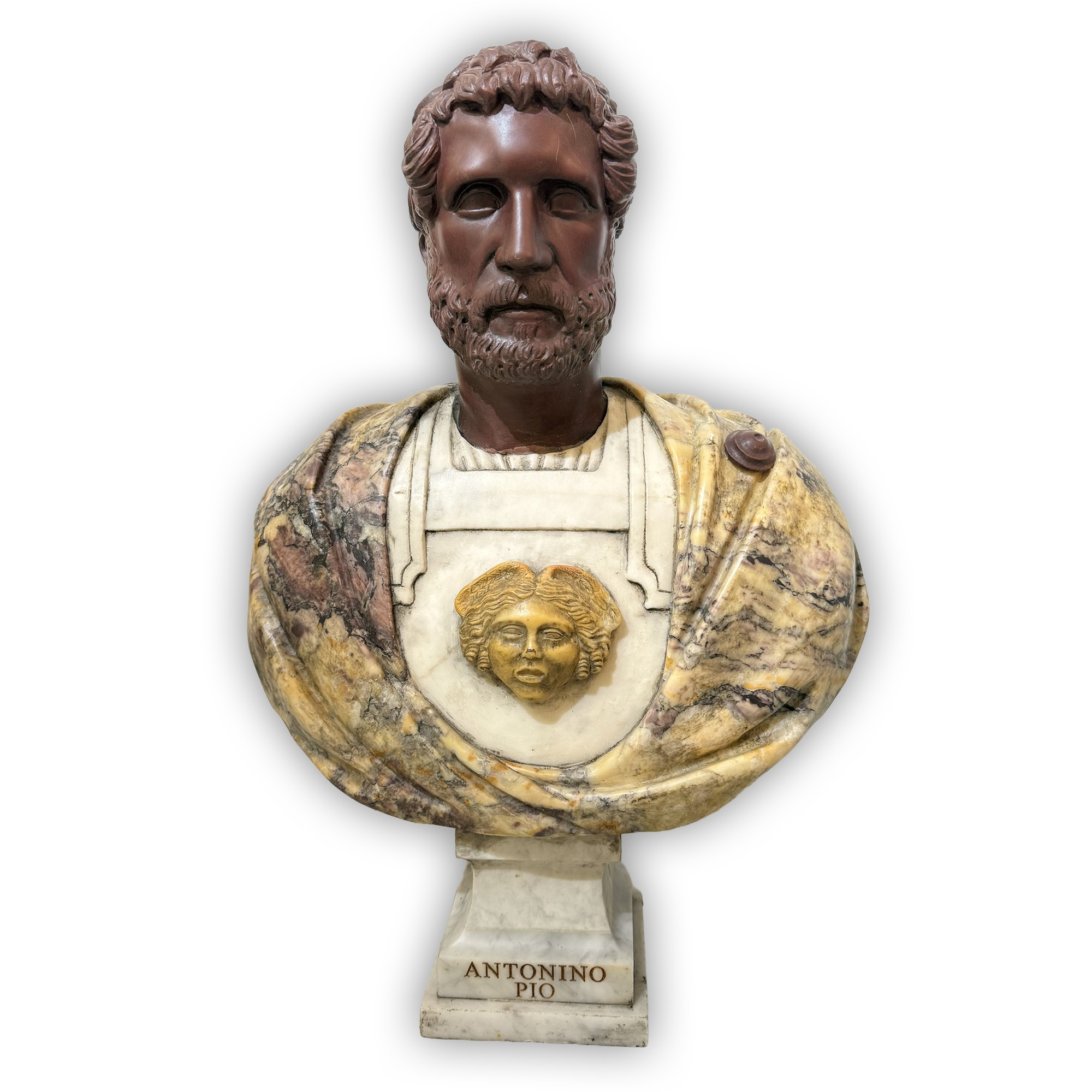 Coppia di busti imperiali romani, Settimio Severo e Antonino Pio, sculture in marmi policromi
