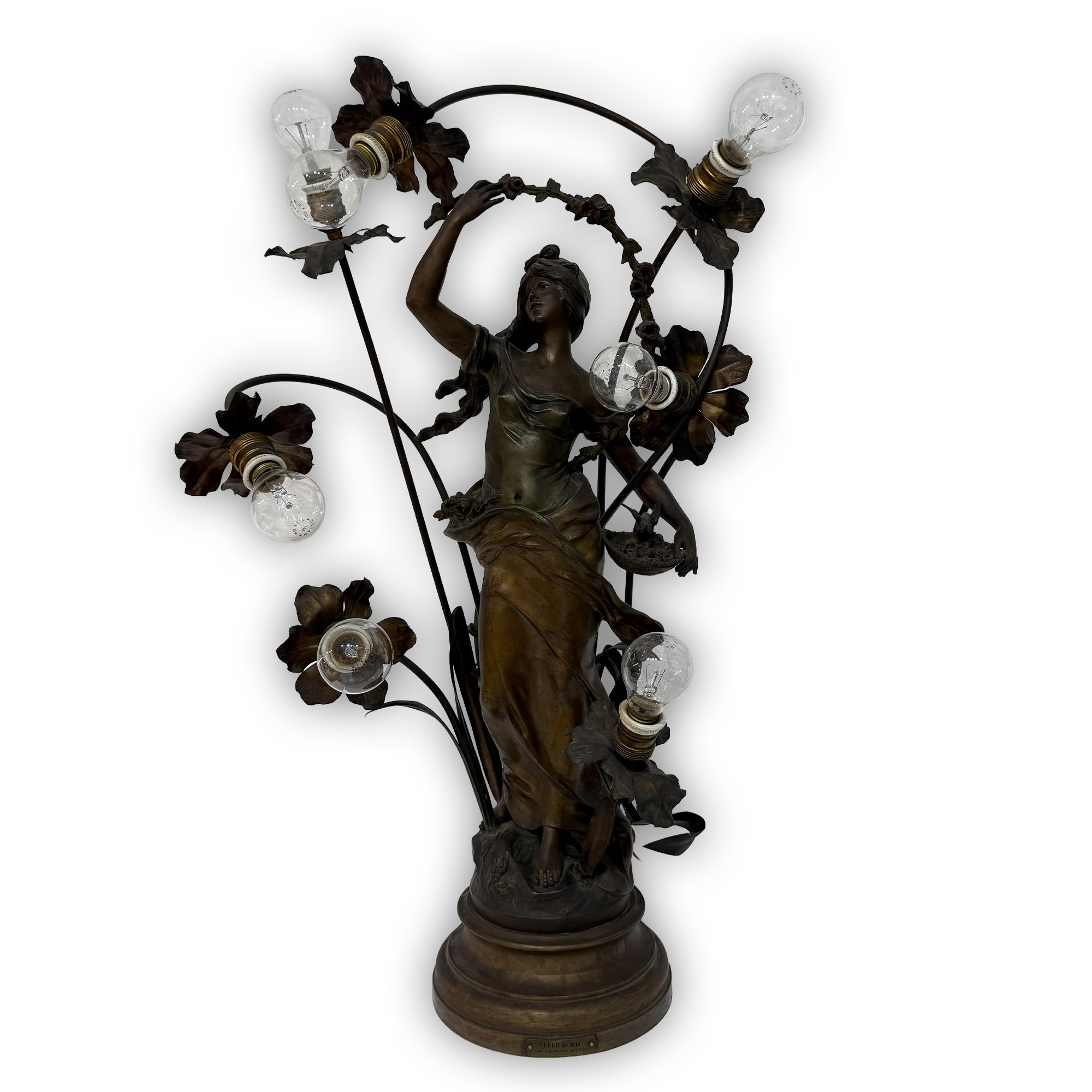 Periodo Liberty, Trittico di tre lampade in metallo patinato a bronzo con personaggi femminili