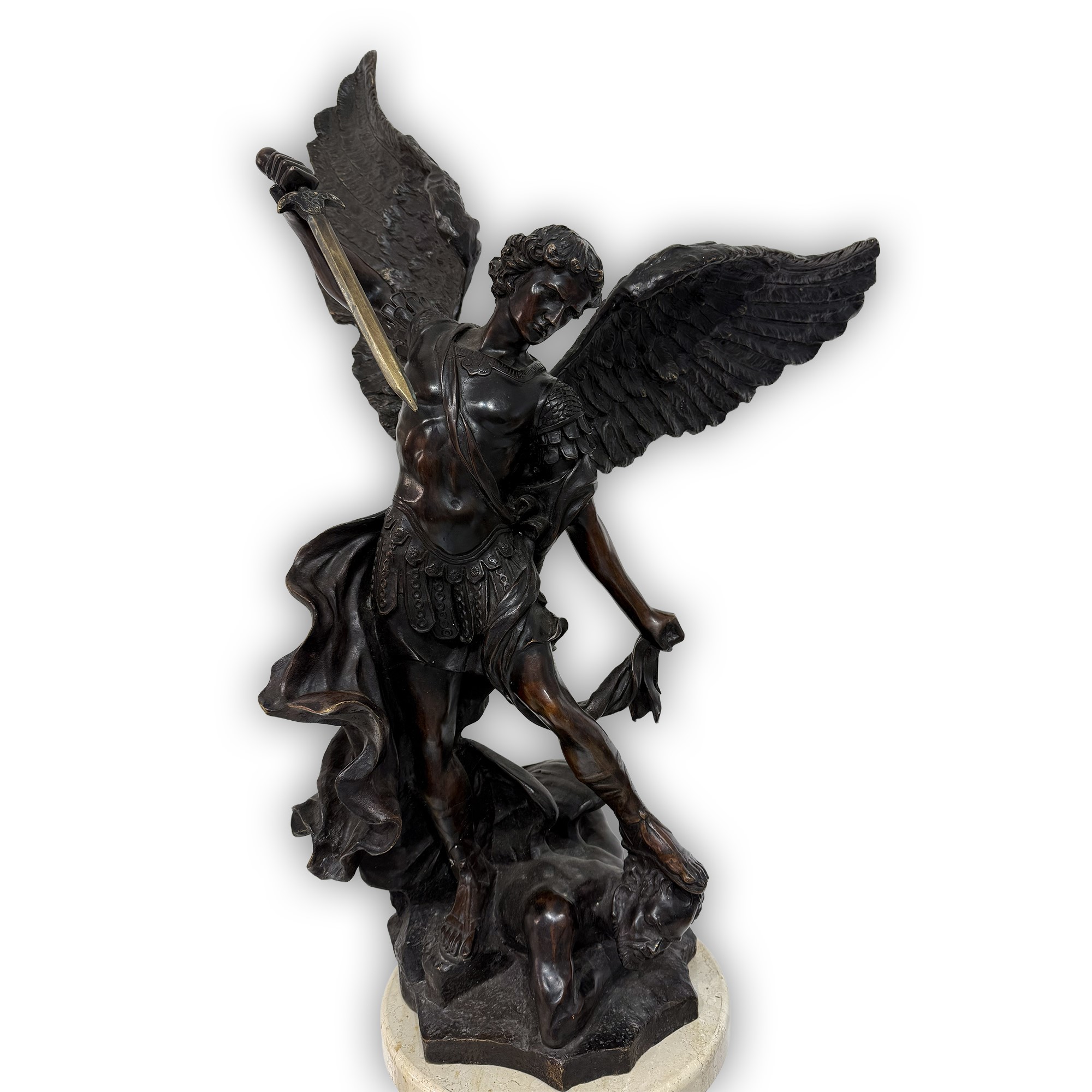 Scultura raffigurante San Michele sconfigge il demonio, gruppo in bronzo patinato su base in marm...